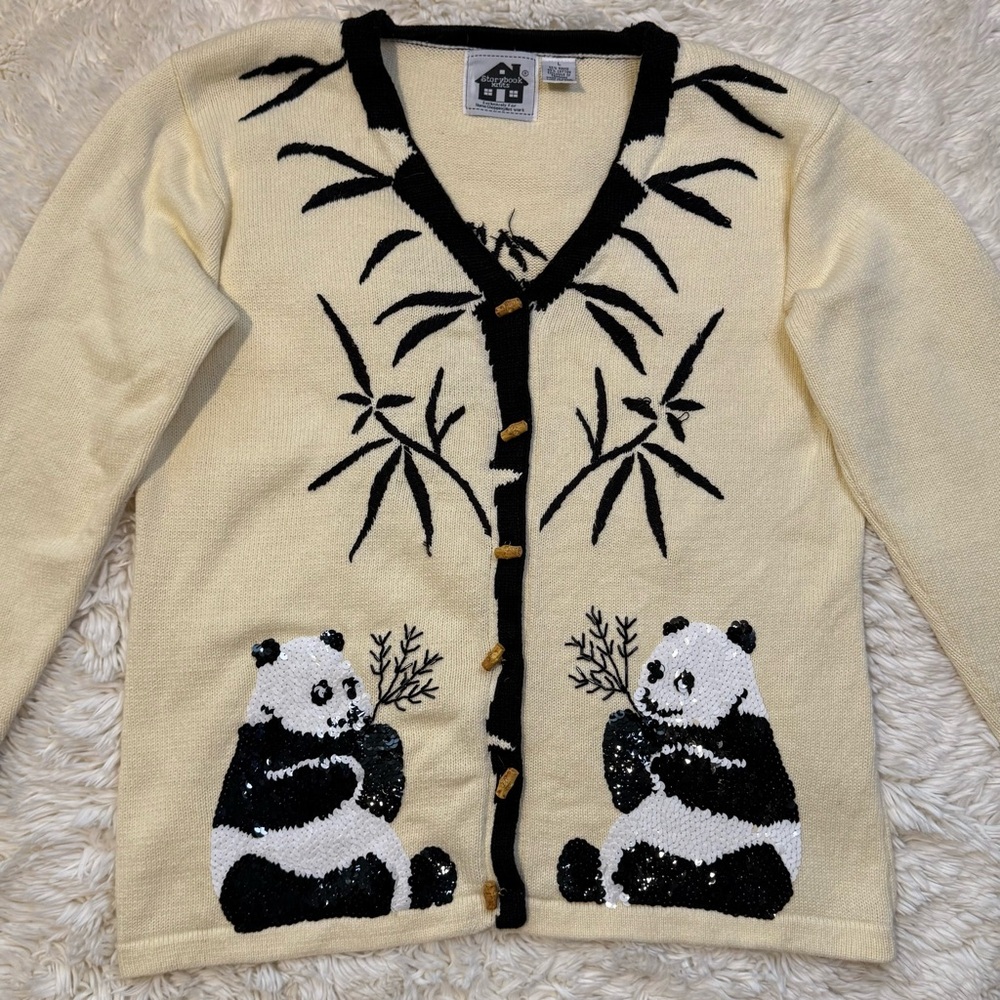 Vintage Storybook Knits Panda Bear Bamboo V Neck Sweater Cardigan